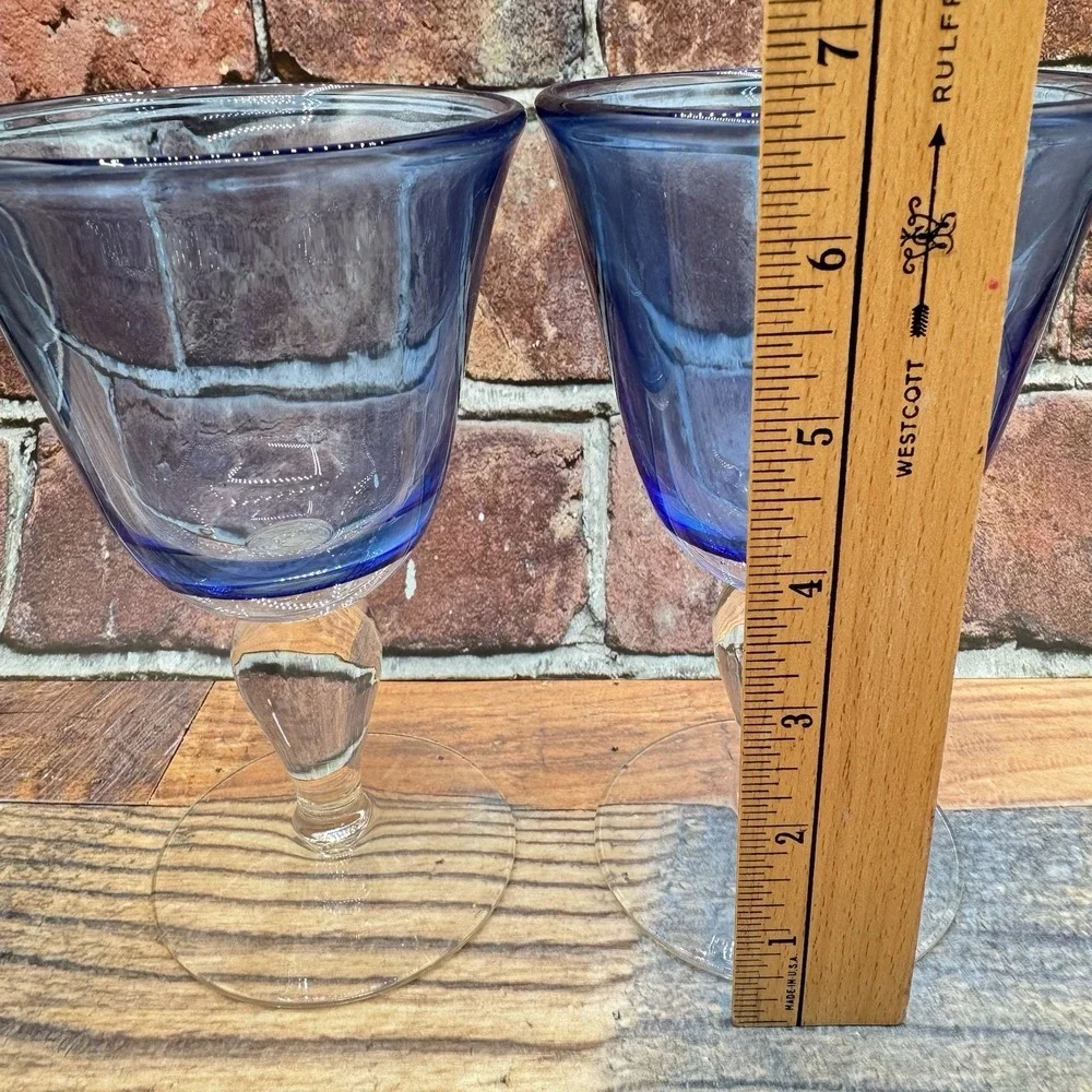 2 Cobalt Blue Goblets Bell Shaped Hand Blown Glasses Clear Ball Stem Vintage MCM